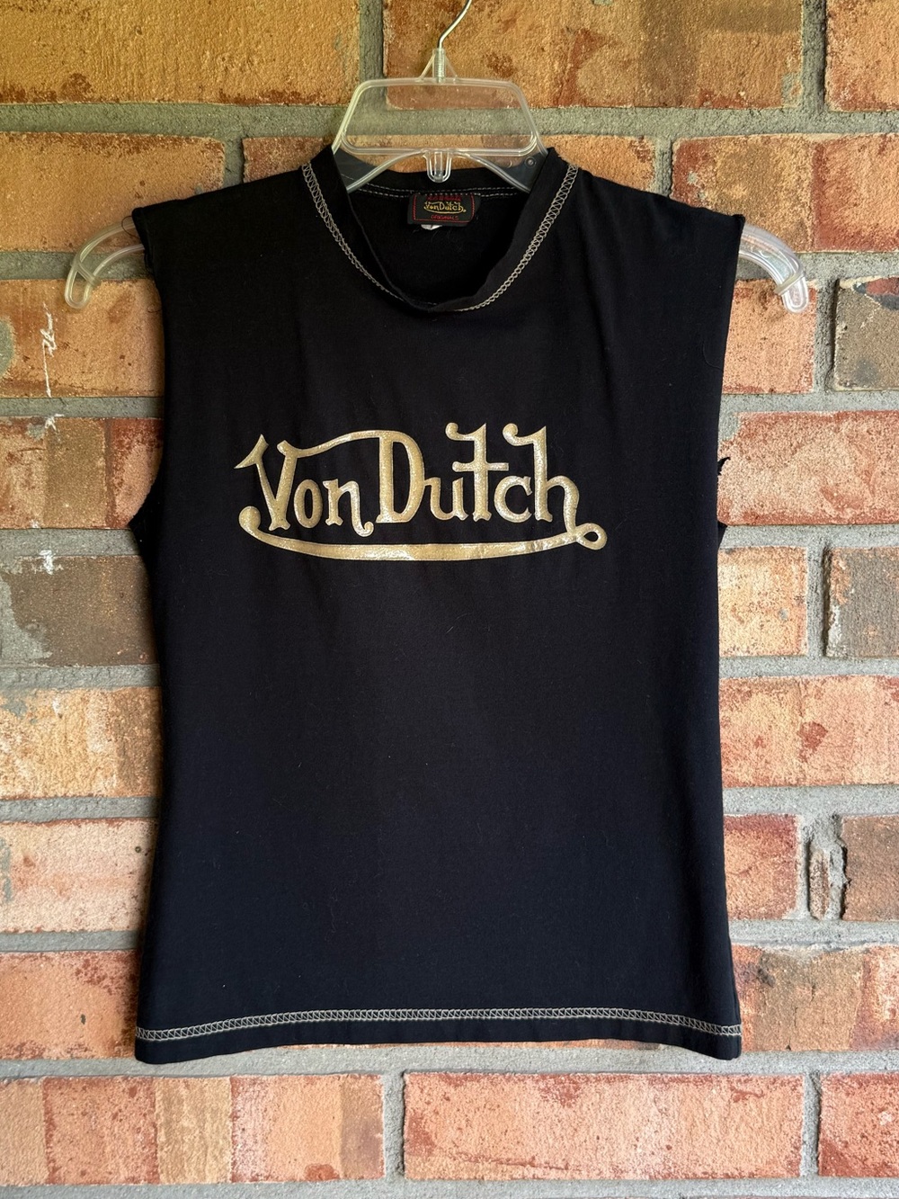 Y2K Vintage Von Dutch Black Sleeveless Cut Off Muscle Tee Tank Top Shirt Small